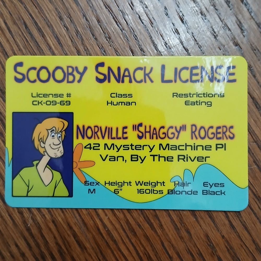 SHAGGY SNACK License ID Laminated Card SCOOBY DOO Cartoon Prop Cosplay Gift